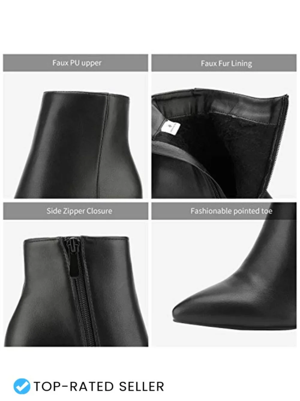 Women's Faux Leather Chunky Heel Ankle Booties with Faux Fur Lining, Zip